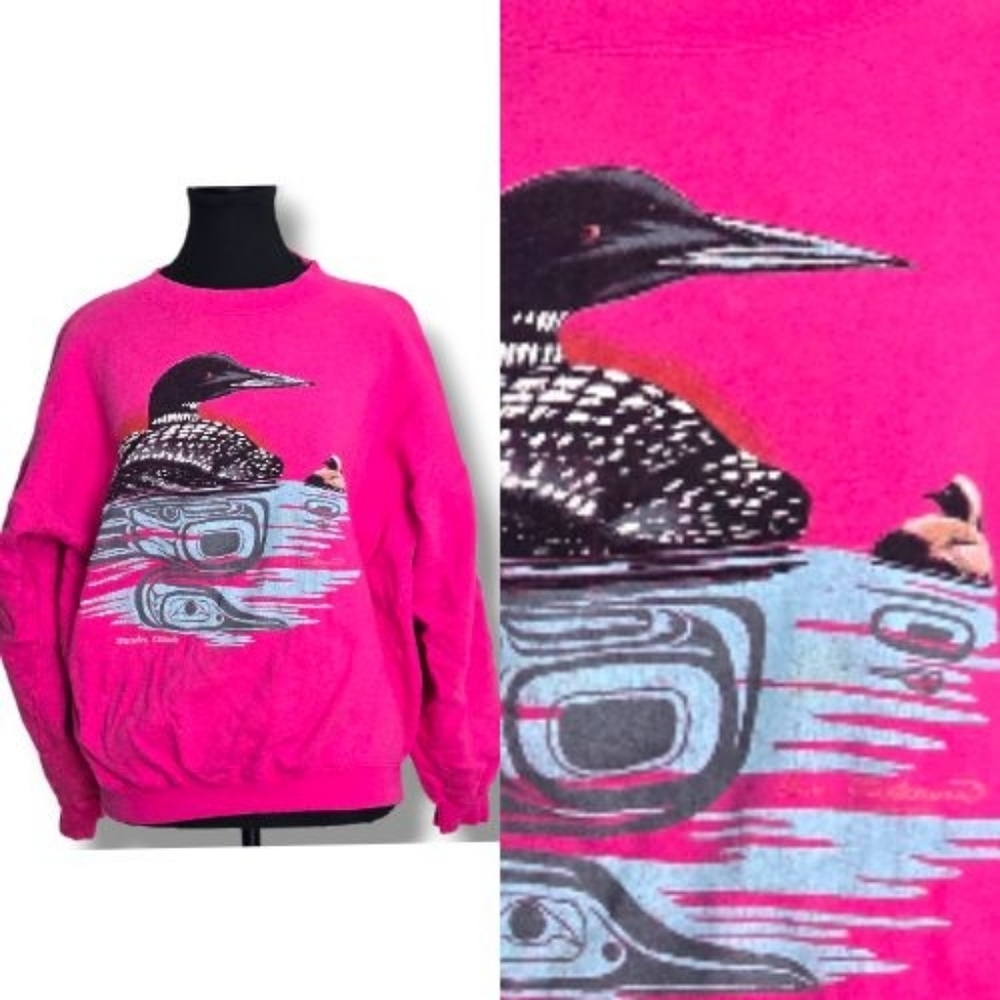 Loon Sweatshirt with Monica Closs Art, Whistler, BC, Canada Pink Graphic, Size M